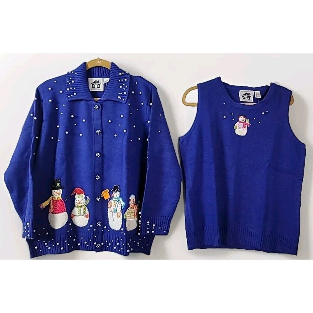 2Pc Storybook Knits Cardigan Sweater L & Tank 1X Blue Beaded Sparkling Snowman